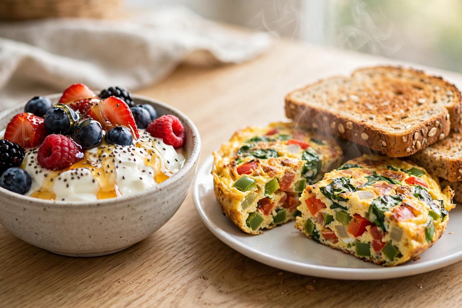 A high-protein breakfast: Greek yogurt bowl with berries and chia seeds beside a veggie omelet and whole-grain toast