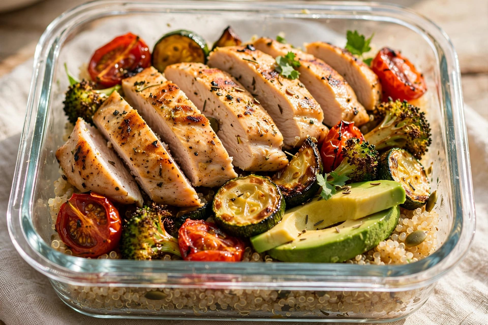Close-up of a sliced grilled chicken breast over a quinoa bowl with roasted vegetables and avocado in a glass meal prep container