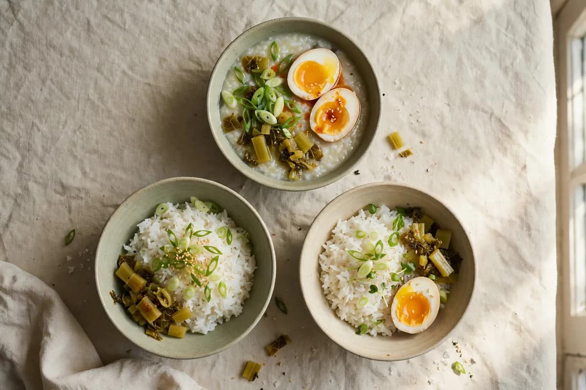 Congee and rice bowls with scallions, pickled greens, and soft-boiled eggs