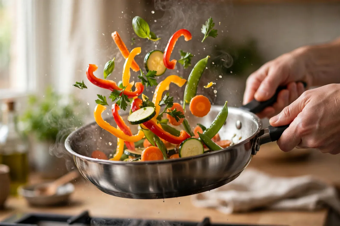 Hands cooking dinner in a pan in a warm home kitchen