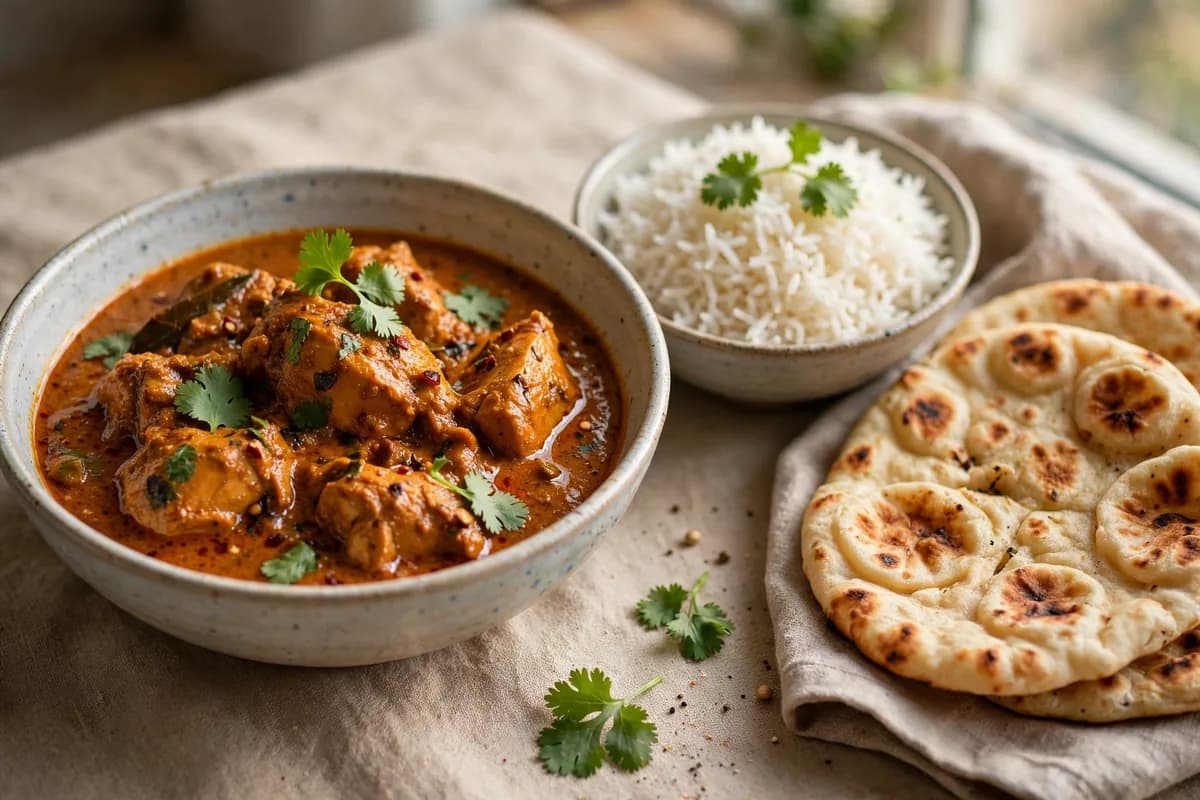 Chicken curry with basmati rice and warm naan bread