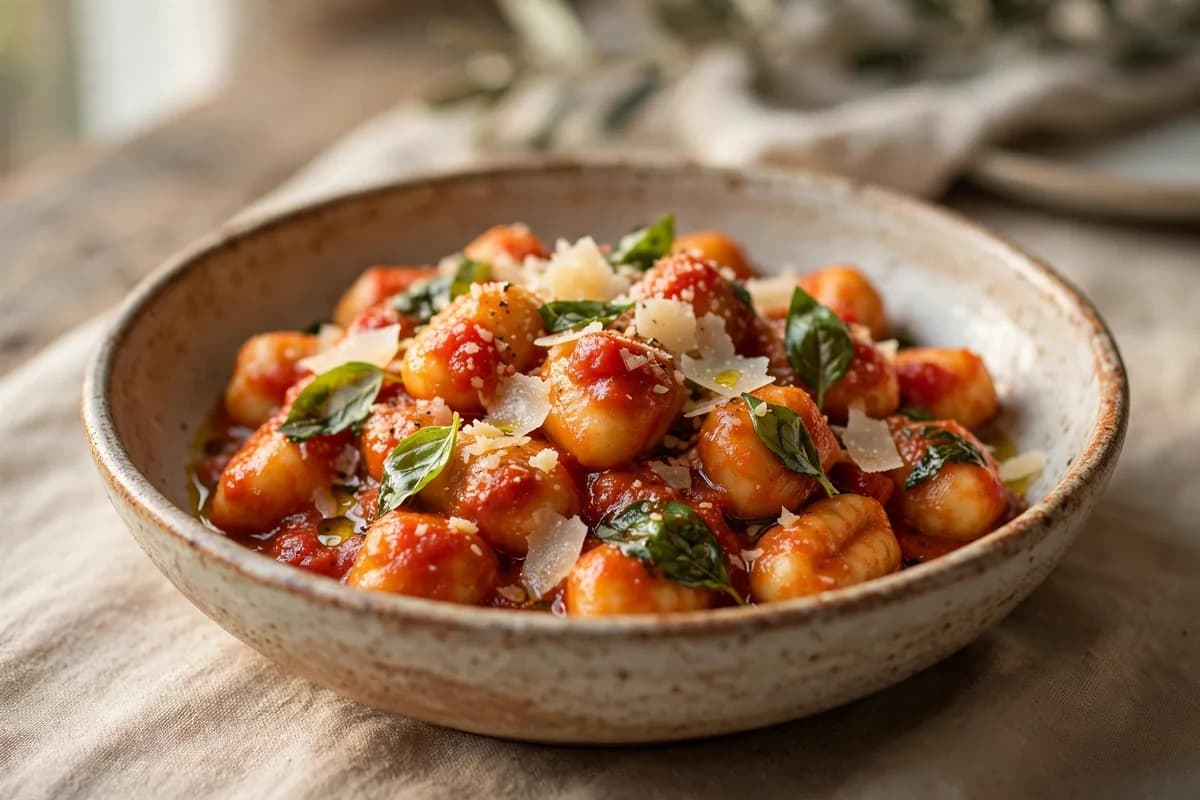 Gnocchi al pomodoro with basil and parmesan in a ceramic bowl