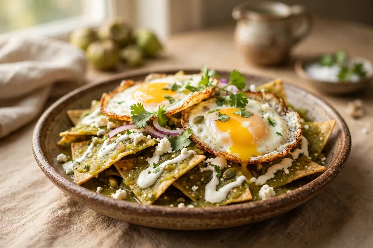 Chilaquiles verdes topped with fried eggs, crema, and cilantro