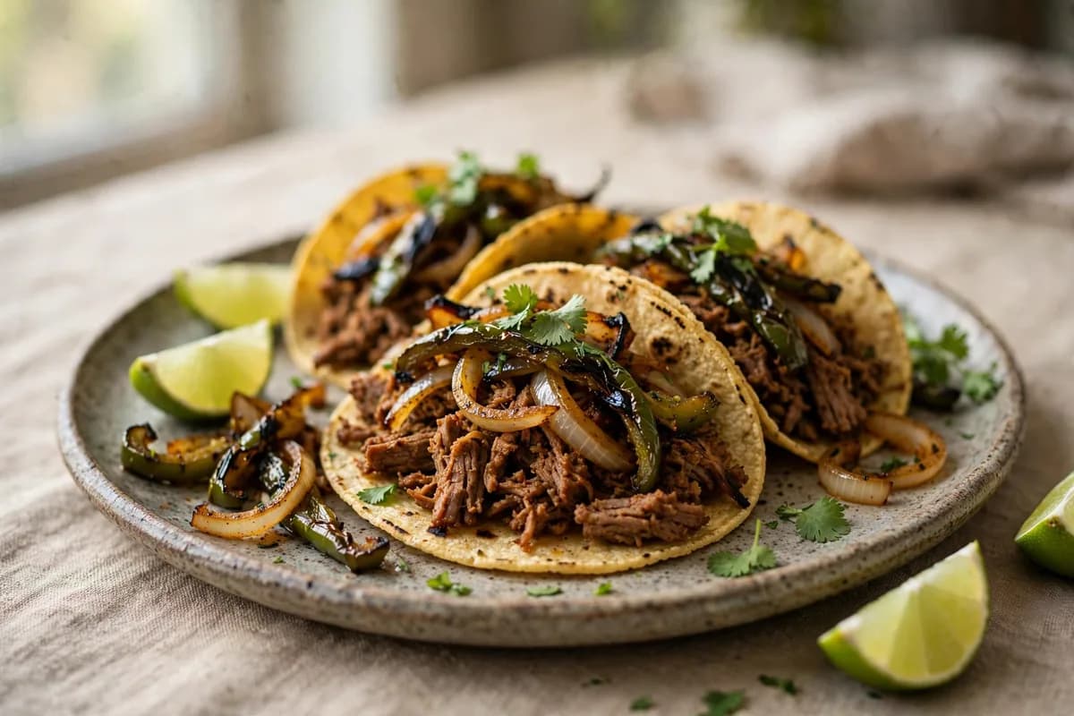 Tacos with seasoned meat, charred peppers, lime, and cilantro