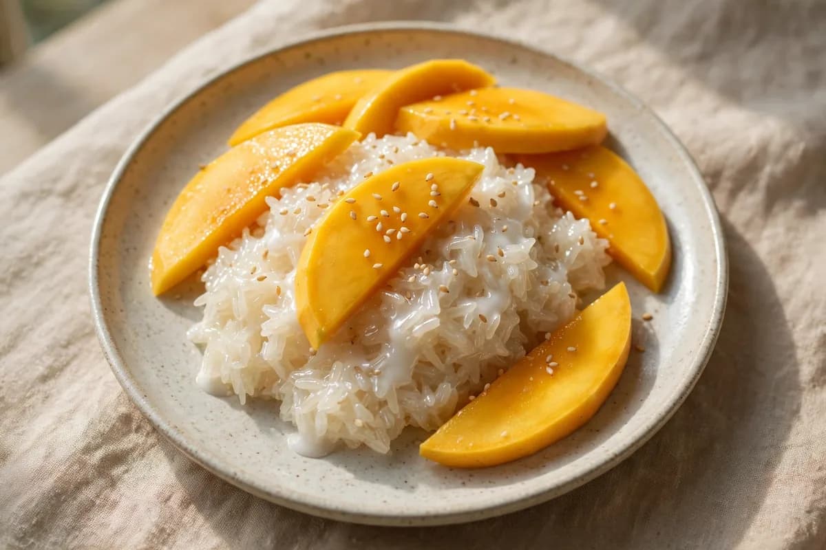 Thai mango sticky rice with coconut milk and sesame seeds