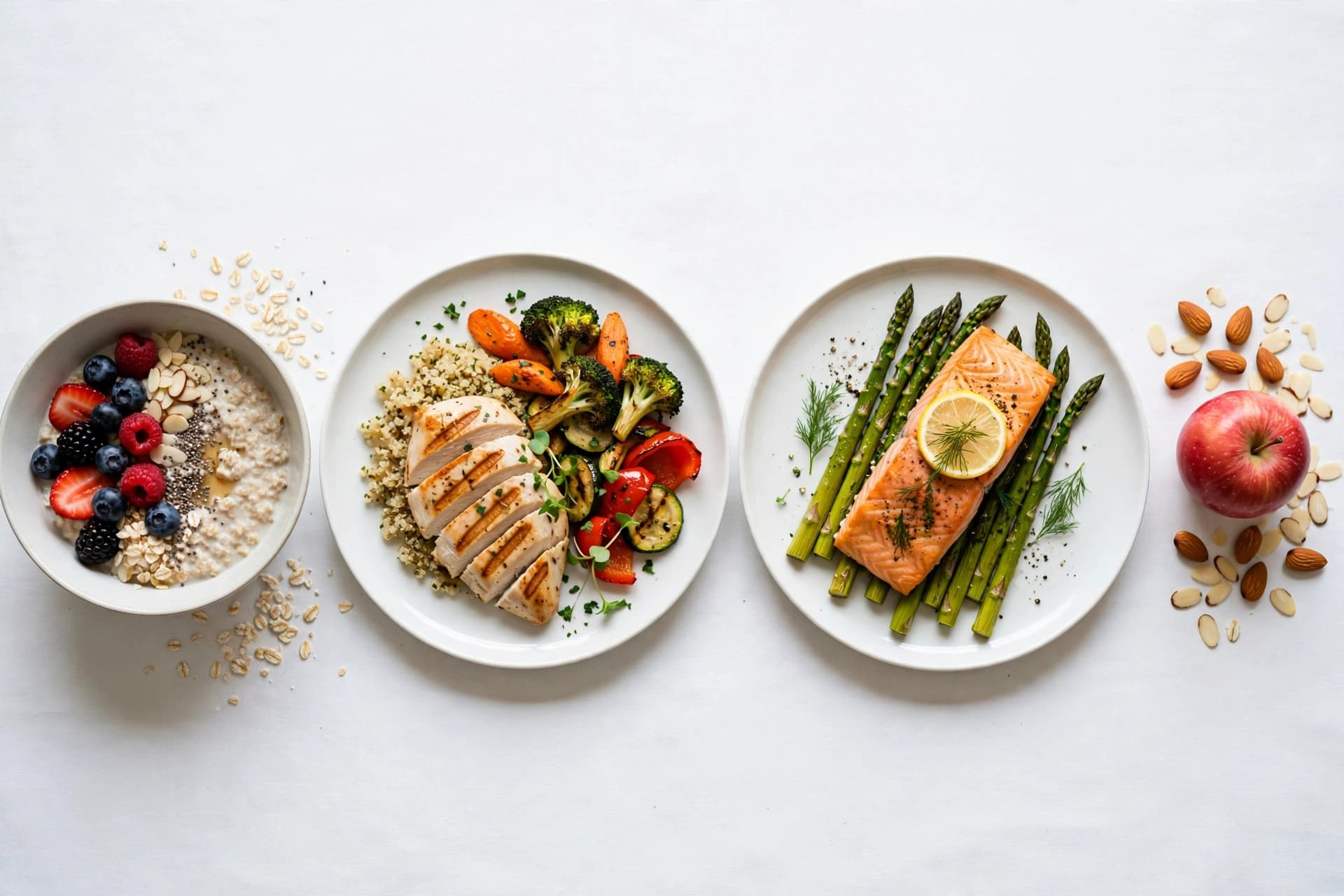 A full day of balanced meals on a white table: oatmeal with berries, grilled chicken with quinoa and vegetables, salmon with asparagus, and an apple with almonds