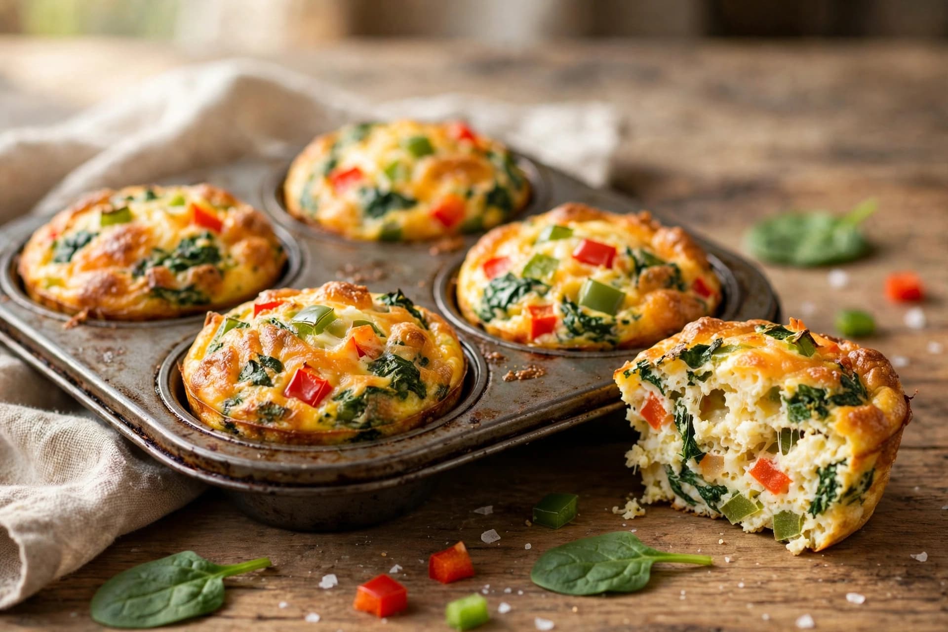 Freshly baked savory egg muffins with spinach, bell peppers, and cheese in a muffin tin, one cut open