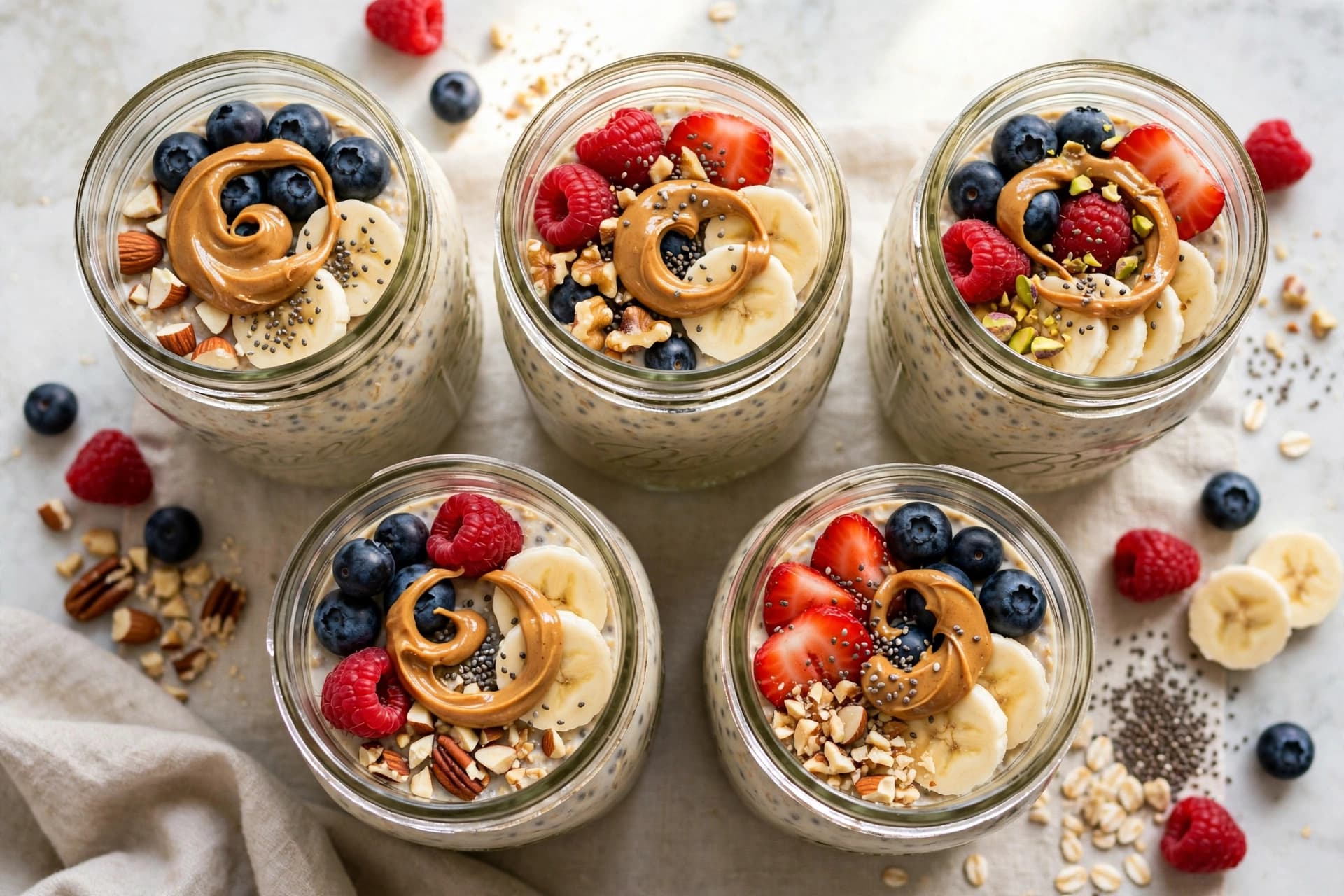 Overhead view of overnight oats meal prep in mason jars topped with berries, banana, peanut butter, nuts, and chia seeds