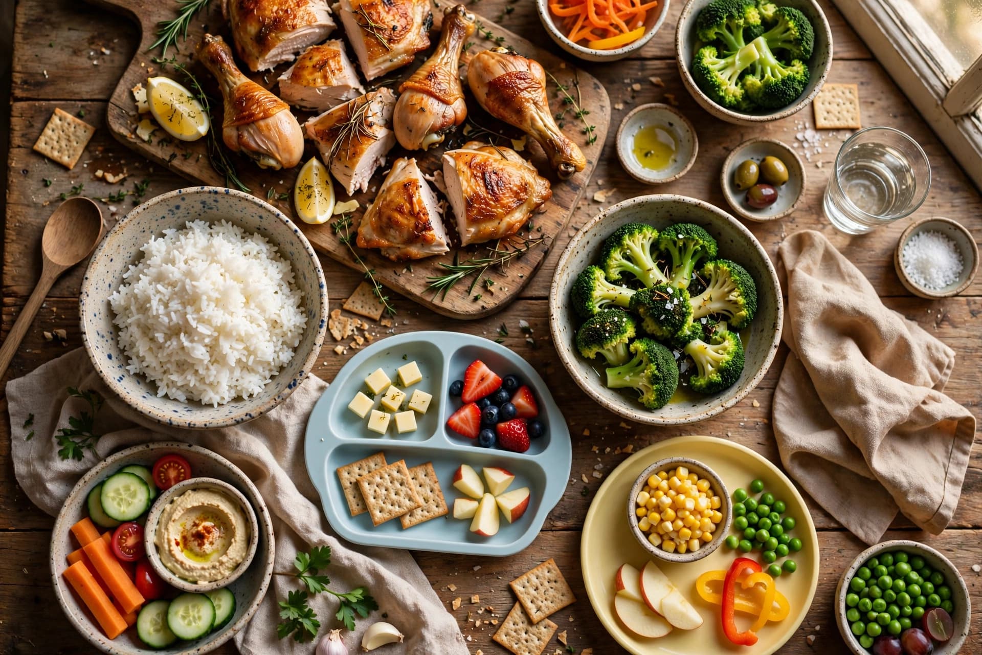 Overhead view of a family dinner spread with roasted chicken, rice, broccoli, and kid-friendly sides on a wooden table