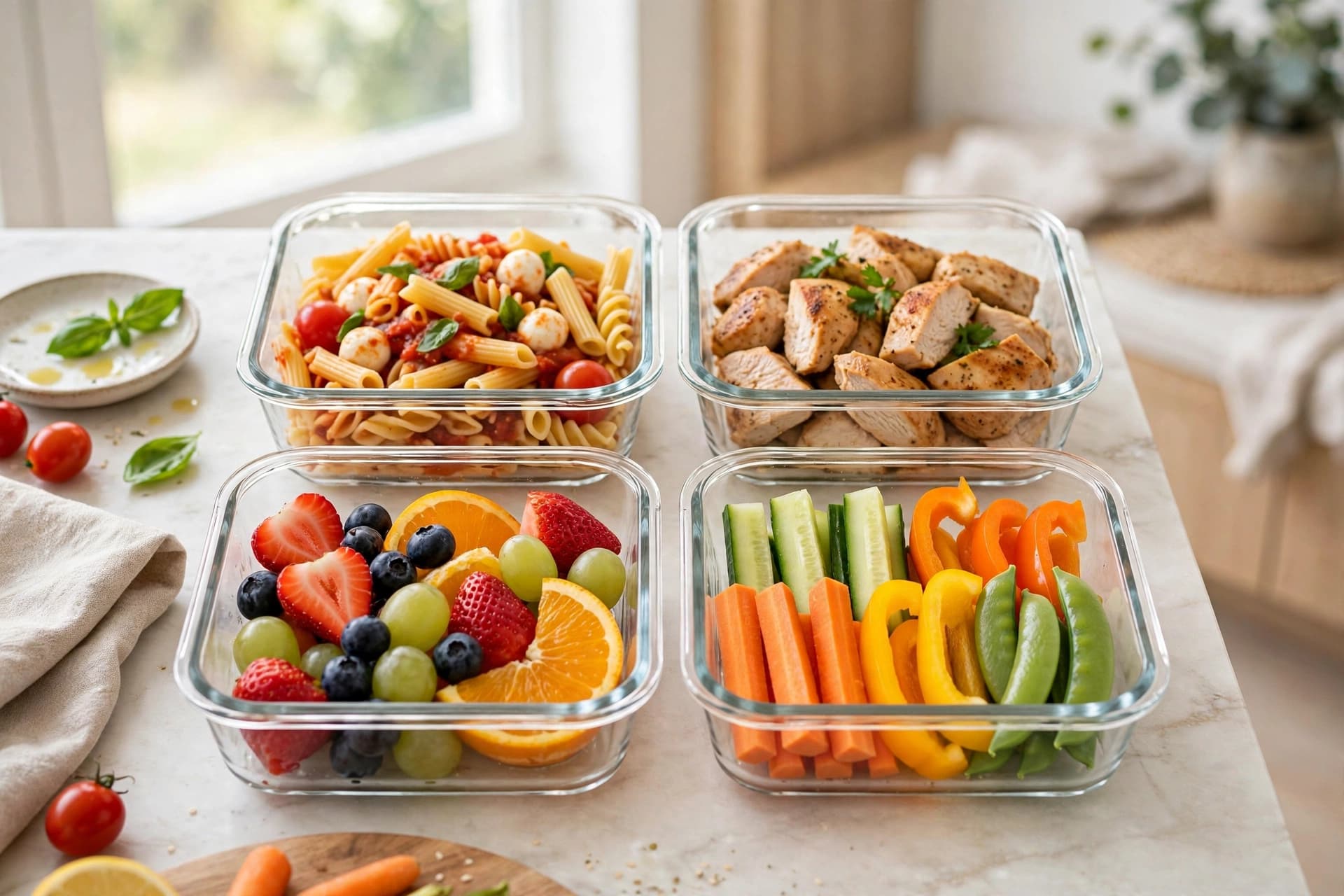 Glass meal prep containers with colorful kid-friendly lunches — pasta, chicken, fruit cups, and veggie sticks — on a kitchen counter