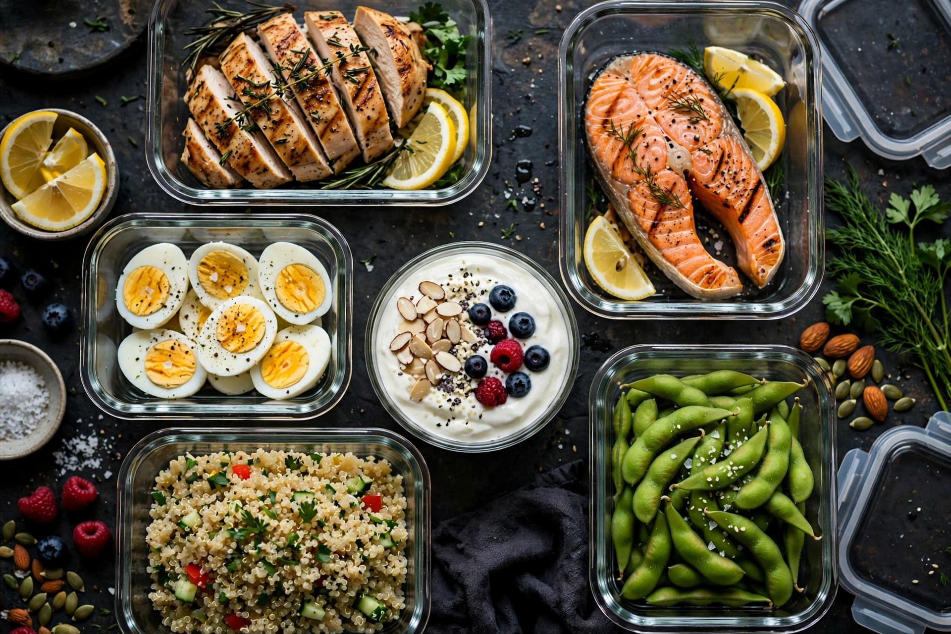 High protein meal prep spread with grilled chicken, salmon, hard-boiled eggs, Greek yogurt, quinoa, and edamame in glass containers