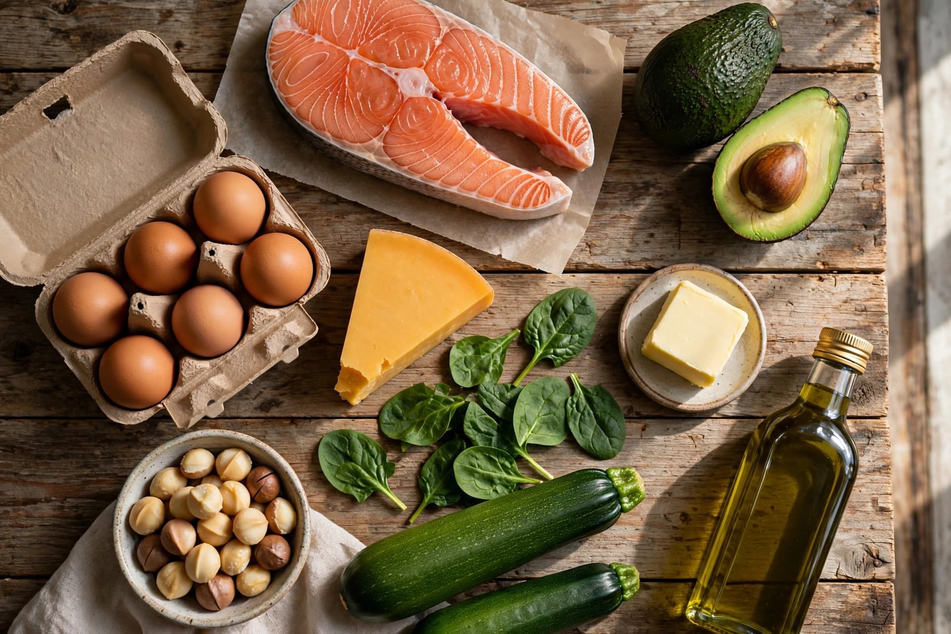 Keto-friendly groceries on a wooden counter: salmon, avocados, eggs, cheese, spinach, olive oil, butter, and nuts