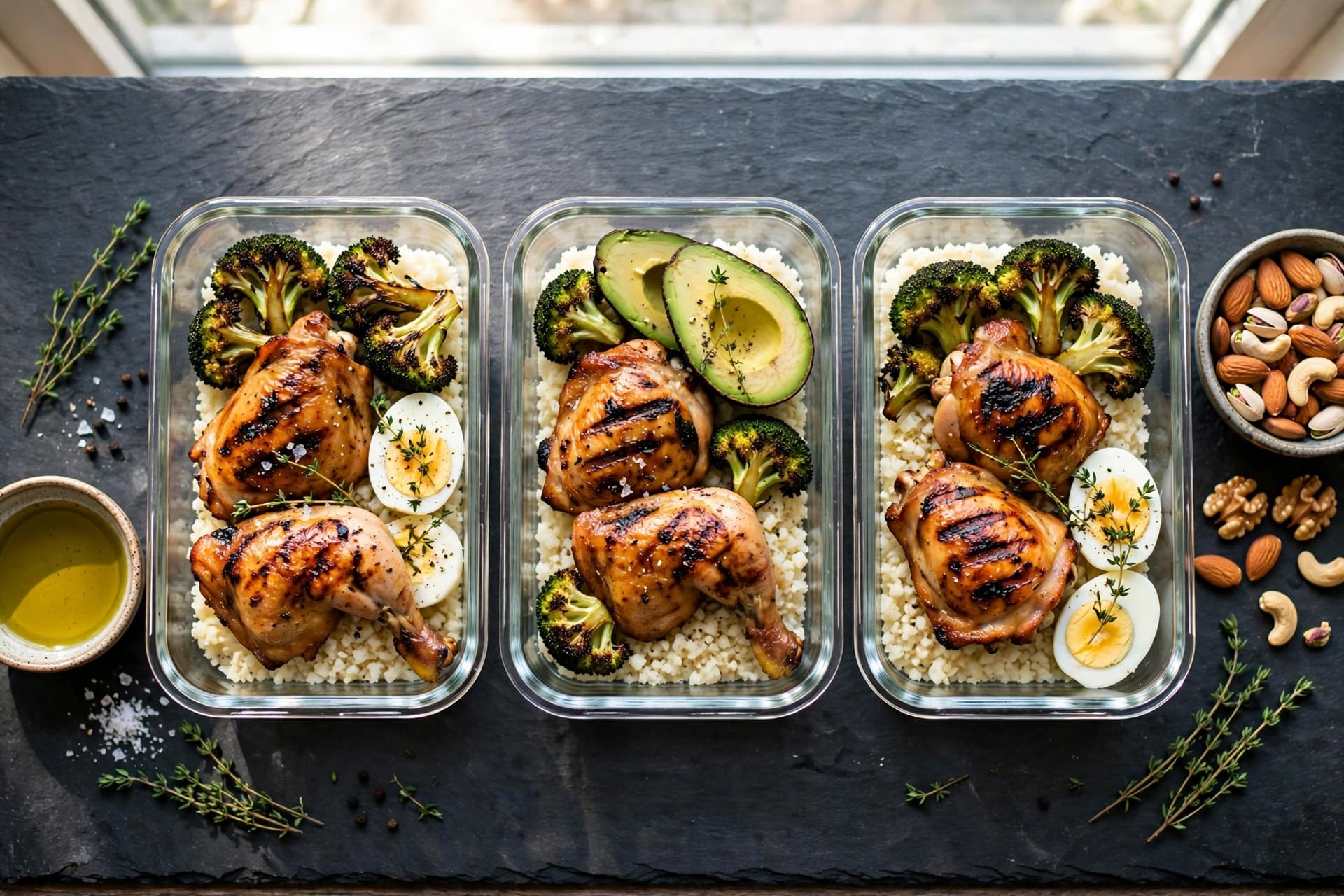 Three glass meal prep containers with grilled chicken, roasted broccoli, avocado, cauliflower rice, and boiled eggs